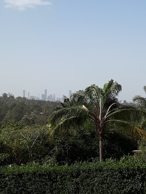 view of Brisbane city through haze