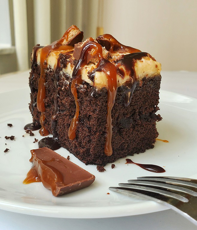 chocolate cake with caramel filled and whipped cream caramel frosting