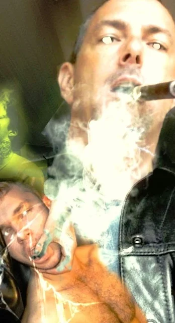 PPPimp digital art created by Oregonleatherboy of man smoking cigar subduing another man with smoke wearing leather blazer