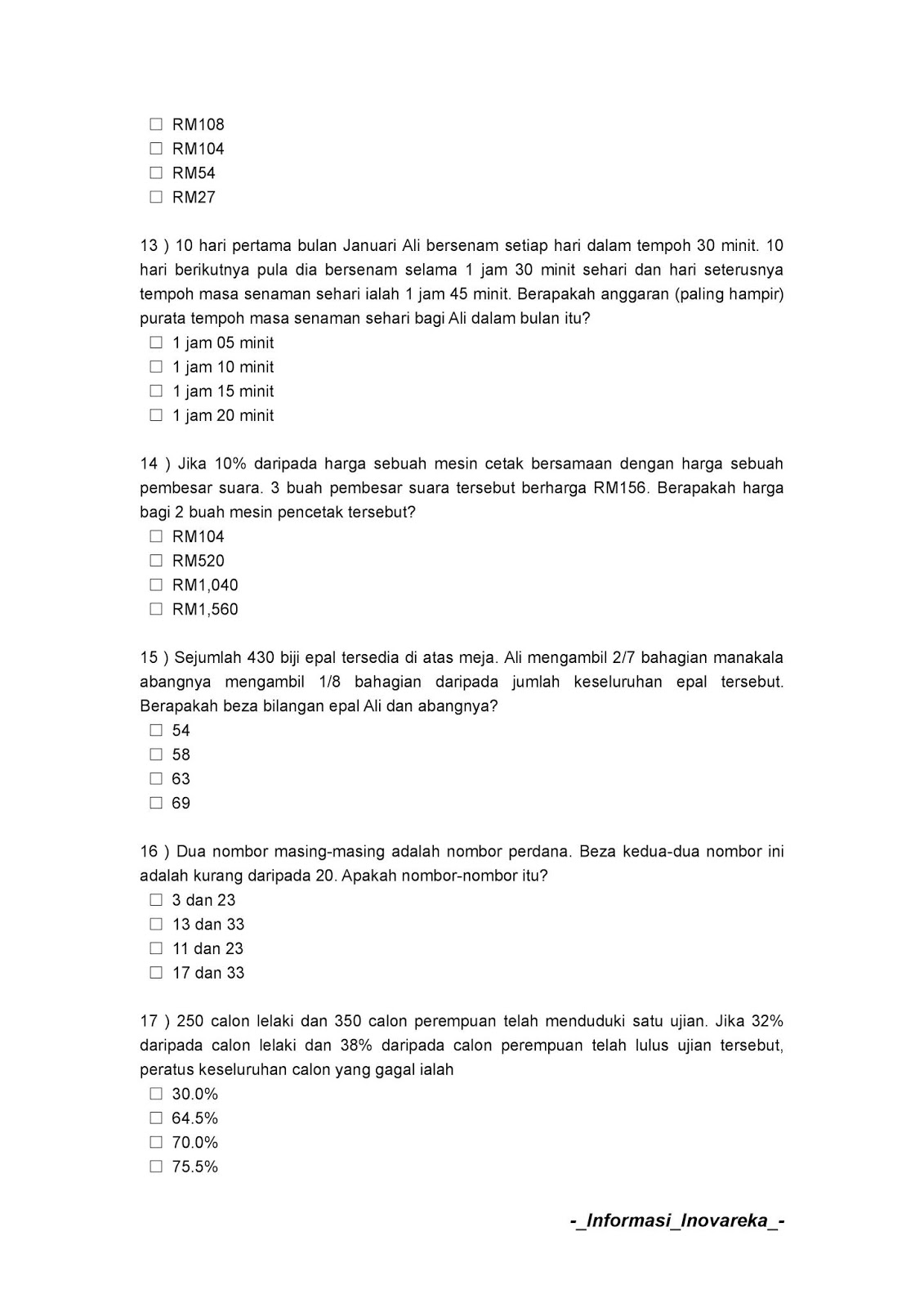 Contoh Soalan Peperiksaan SPA Pembantu Awam H11 (KKM) 2019 