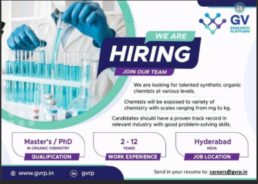 GV RESEARCH PLATFORM Hiring Synthetic Organic Chemist – Hyderabad – Apply Now