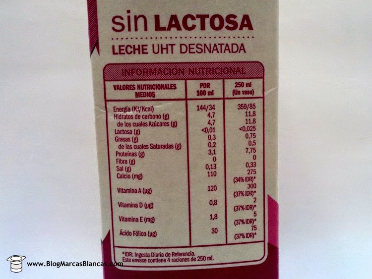 Valores nutricionales de la Leche desnatada sin lactosa IFA ELIGES envasada por Leche Puleva.