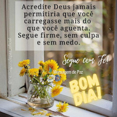 Acredite Deus jamais permitiria que você carregasse mais do que você aguenta. Segue firme, sem culpa e sem medo. Segue com Fé! Bom Dia!