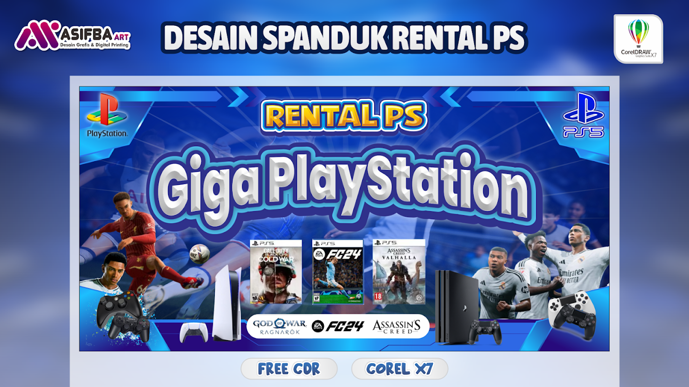 FREE Download CDR Desain Banner Spanduk MMT Rental PS Play Station Background Biru Editable di CorelDRAW X7