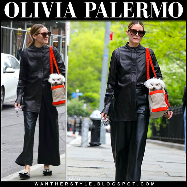Olivia Palermo in black leather shirt and black pants