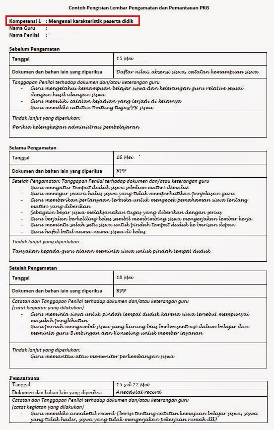 INILAH CONTOH ISIAN CATATAN FAKTA PKG 14 KOMPETENSI