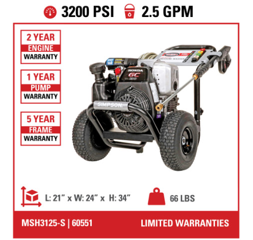 SIMPSON MegaShot 3200 PSI 2.5 GPM Gas Cold Water Pressure Washer with HONDA GC190 Engine