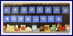 Winter Bulletin Board of Symmetric Snowflakes in Kindergarten via RainbowsWithinReach