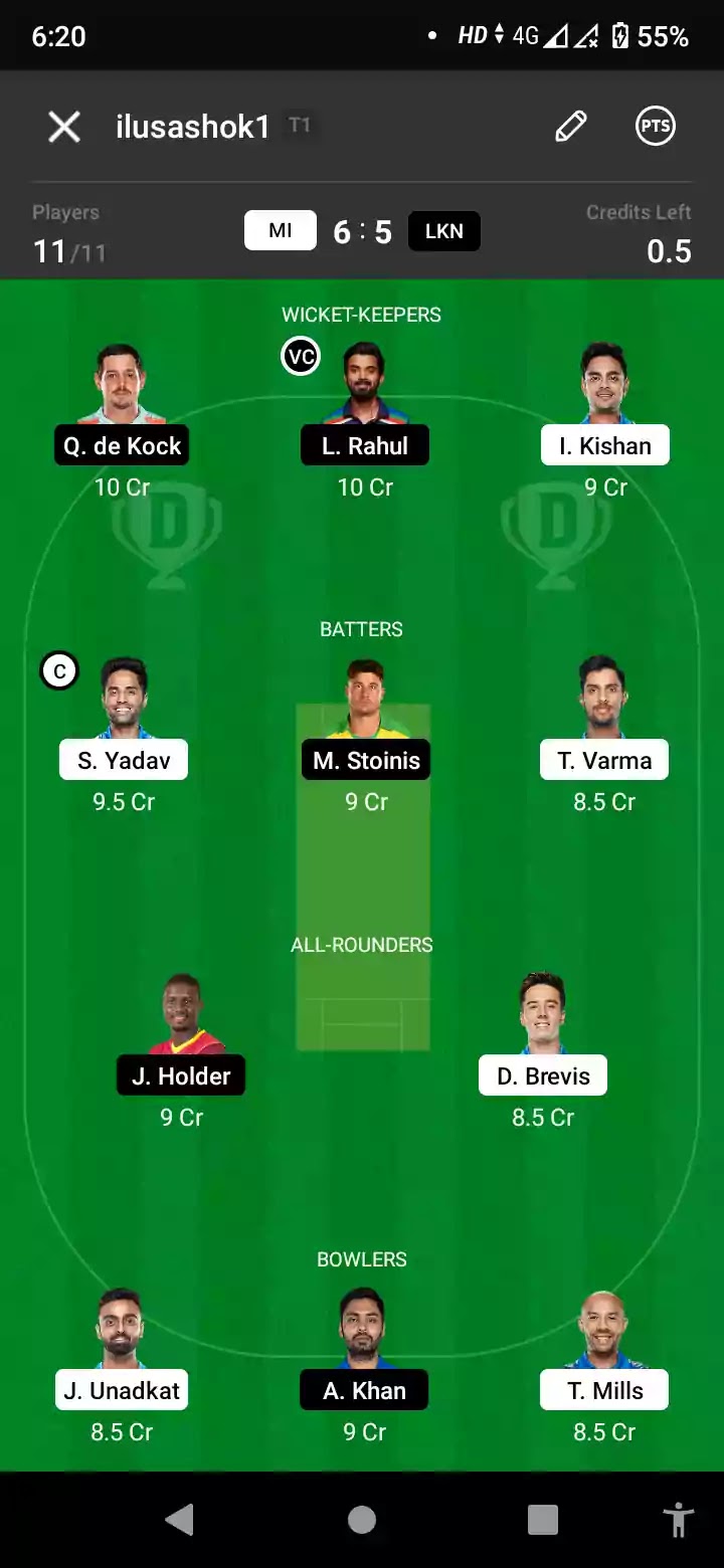 Dream11 Team 1 for LSGvsMI : विकेटकीपर: ईशान किशन, केएल राहुल और क्विंटन डी कॉक बल्लेबाज: मार्कस स्टोइनिस, सूर्यकुमार यादव और तिलक वर्मा ऑलराउंडर: देवाल्ड ब्रेविस और जेसन होल्डर गेंदबाज: अवेश खान, जयदेव उनादकट और टाइमल मिल्स कप्तान: सूर्यकुमार यादव उपकप्तान: केएल राहुल