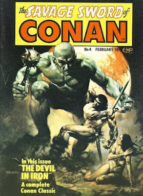 Marvel UK, Savage Sword of Conan #4, the Devil in Iron by Robert E Howard, in a boris vallejo cover, conan swings his sword as a giant with a mace heads towards him