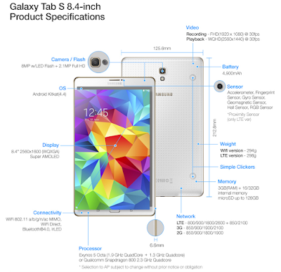 Spesifikasi dan Harga Hp Samsung Galaxy Tab S 8.4 / LTE Terbaru