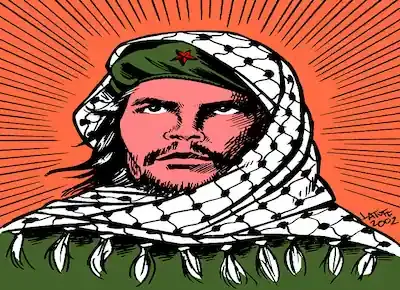 رسم للمناضل الثوري شي جيفارا وهو يرتدي البيريه والكوفية الفلسطينية