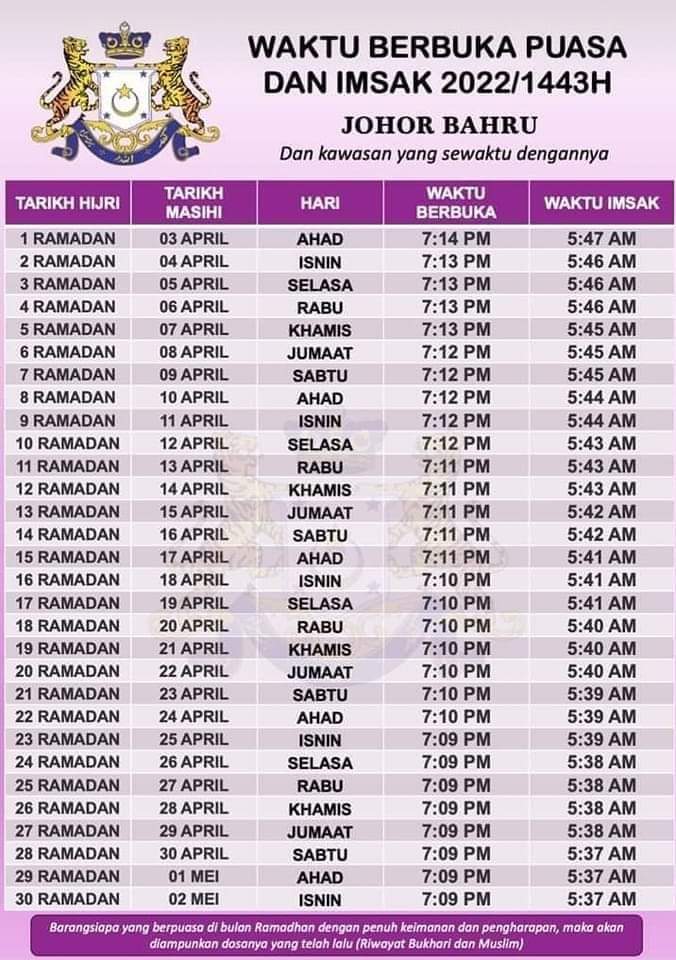 Jadual Waktu Imsak Dan Berbuka Puasa Negeri Johor 1443 Hijrah