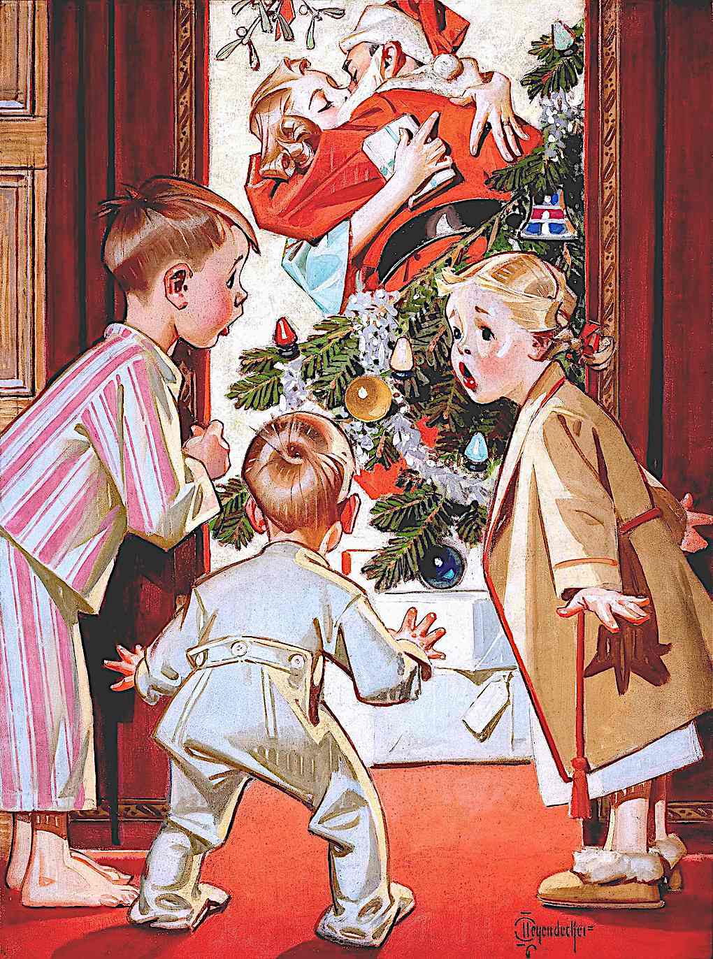 a Joseph Christian Leyendecker illustration 1948, children see mother kissing Santa Claus