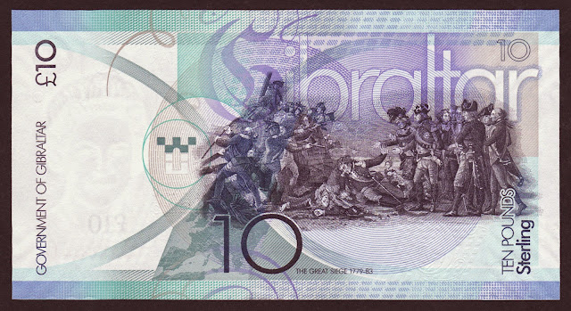Gibraltar money currency 10 Pounds banknote 2010 painting "The Sortie from Gibraltar" by John Trumbull, Great Siege of Gibraltar