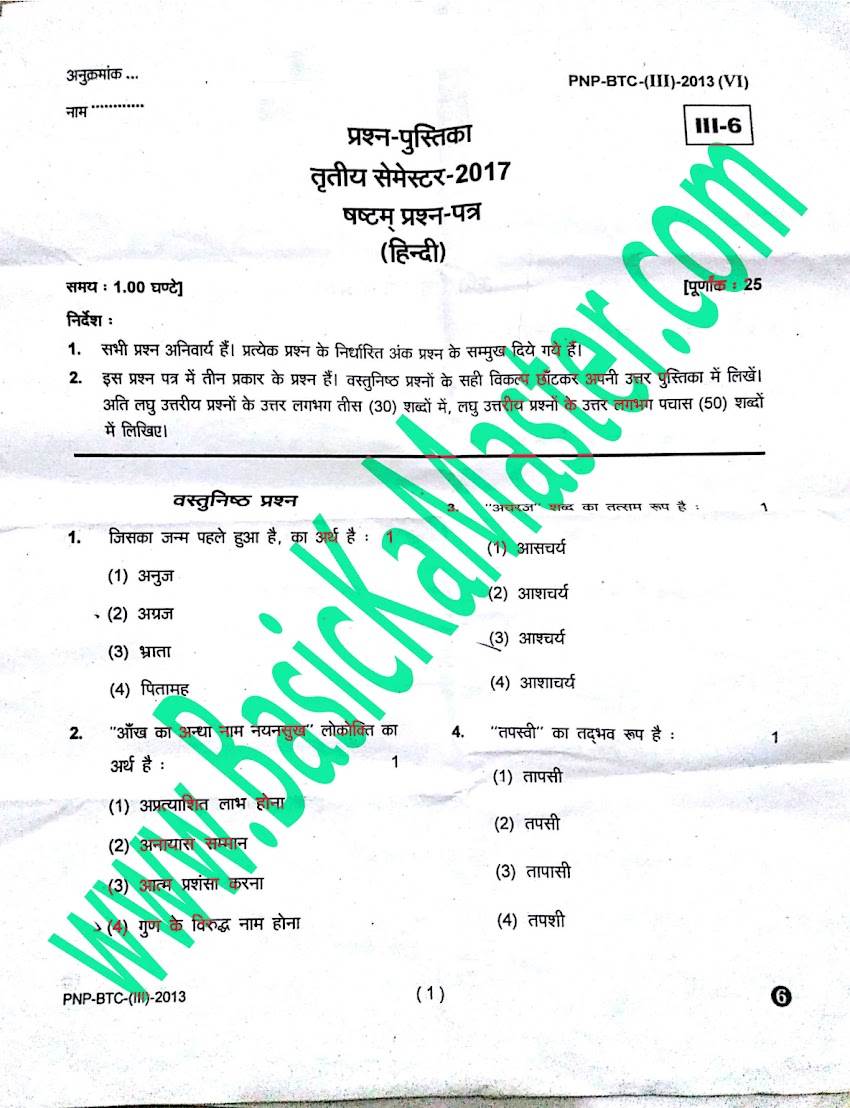 BTC 3rd Semester Exam Paper - हिंदी