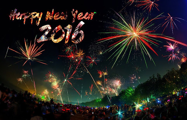 Happy New Year 2016 with colorful fireworks in sky and a 2016 event in such a beautiful natural place at night time ! wow