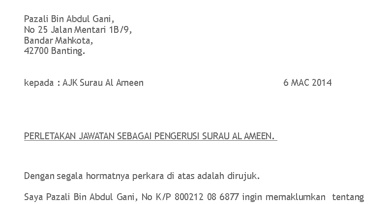 Surat Perletakan Jawatan Sebagai Kerani