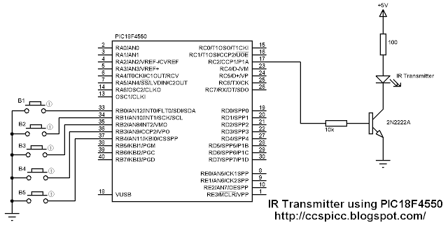 RC5 IR remote control transmitter encoder circuit using PIC18F4550 and CCS PIC C