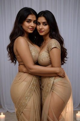 ai generated twin female model in saree images