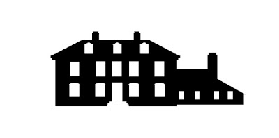 White background with black silhouette of two story manor house