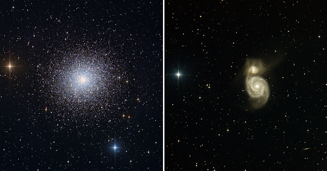 M13, The Great Hercules Globular Cluster imaged on ATEO-1 processed by Utkarsh Mishra (left) and M51, The Whirlpool Galaxy in Canes Venatici imaged on ATEO-1 processed by Michael Petrasko (right).