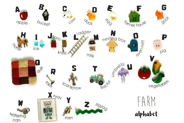 TomToy Farm theme I spy Alphabet trinkets, objects, Language miniatures, A-Z phonics, ABC box, letter sounds.