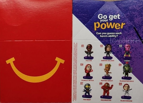 Marvel Happy Meal Toys Box 2020 showing side panel that depicts all the toys in the collection from the McDonalds Marvel Studios Heroes set