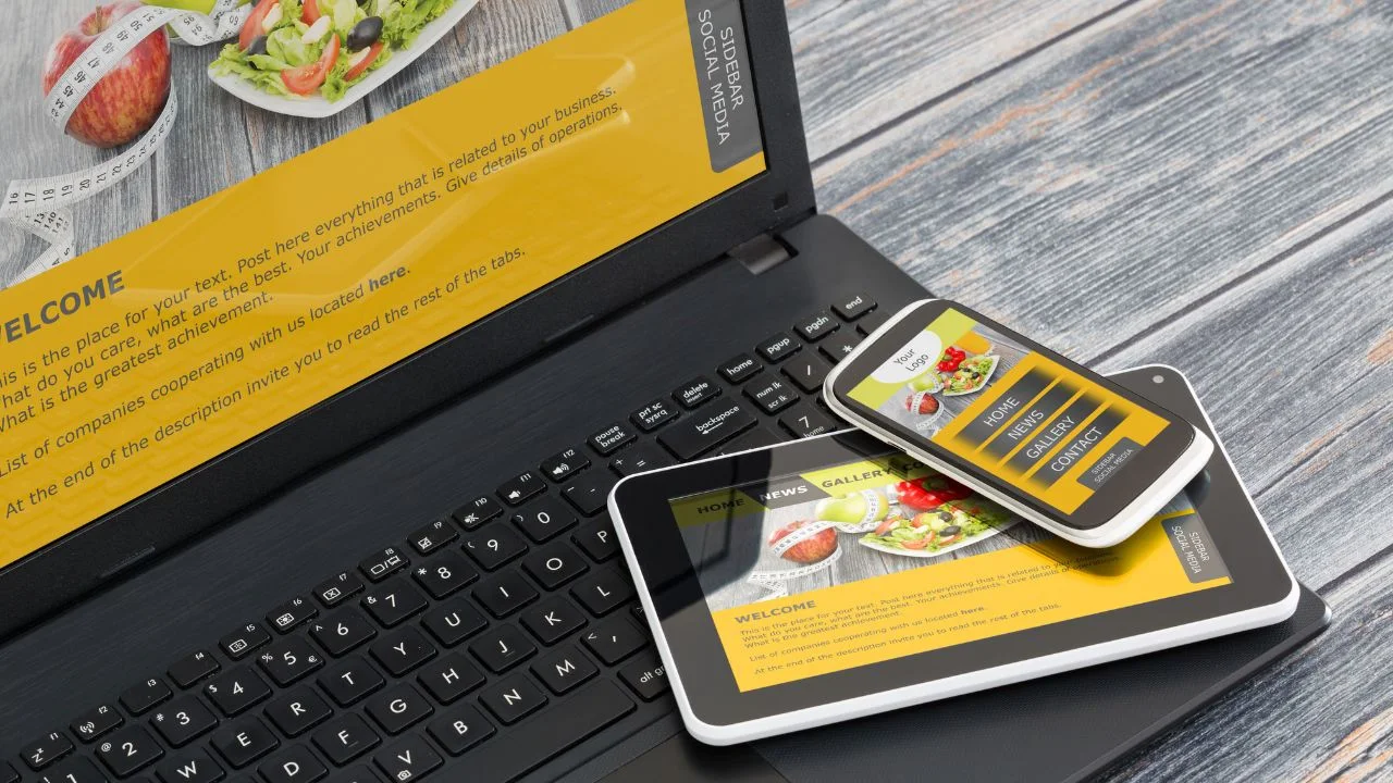 Responsive web design on mobile devices phone, laptop and tablet pc.