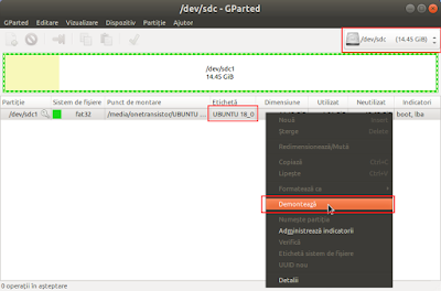 Selectare și demontare stick în GParted