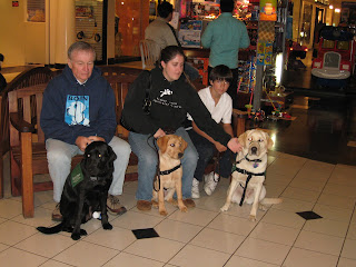 Tara, Tulani and Poppy with raisers sitting on a bench