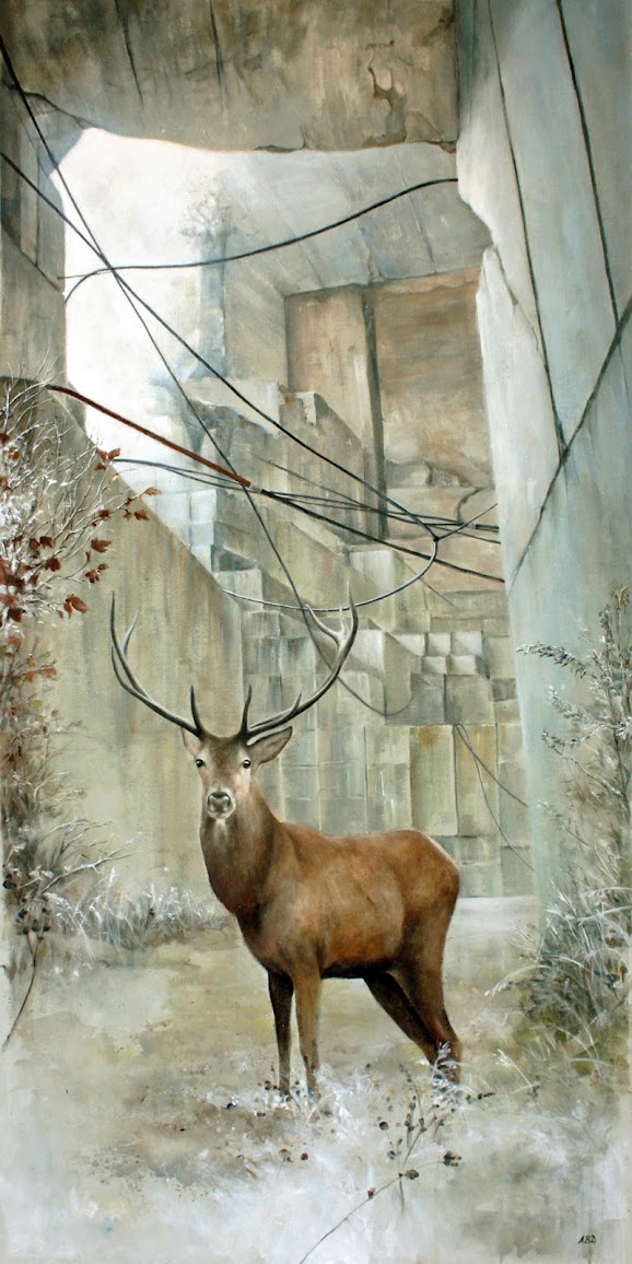 Cerf de retour sur son territoire après l'exploitation d'une carrière de pierre, peinture acrylique