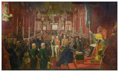 A coroação de Dom Pedro I, pintura de Jean-Baptiste Debret (1828), pertencente ao acervo do Palácio Itamaraty (imagem disponível no portal do Ministério das Relações Exteriores).