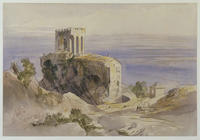 Edward Lear (1812 - 1888) Ελληνικό μοναστήρι (Λαύρα): 8 Σεπτεμβρίου 1856 1856, μελάνι και υδατογραφία σε χαρτί, Δάνειο από την Βρετανική Κυβερνητική Συλλογή (2065) Μουσείο Μπενάκη Ελληνικού Πολιτισμού