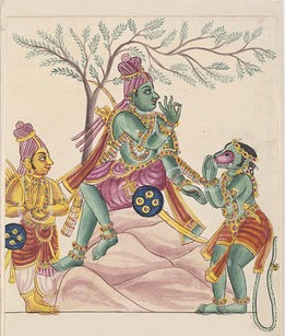 Hanuman receiving instructions from, while Lakshmana looks on. The bonds that unite the monkey general to Rama are those of selfless loyalty, for which he was rewarded with the boon of immortality. Trichinopoly painting, 1820. Victoria and Albert Museum, London.