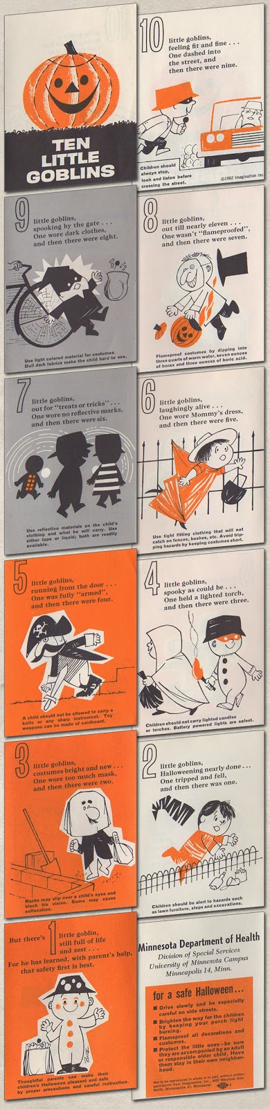 Paper brochure from the 1960s features mod graphic design styling and tells the story of 9 trick-or-treater's demise while 1 is safe and smart