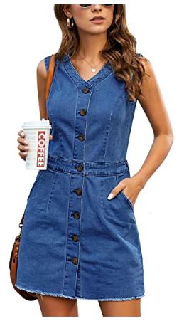 Women Sleeveless V Neck Button Down Frayed Hem - Short Denim Dress