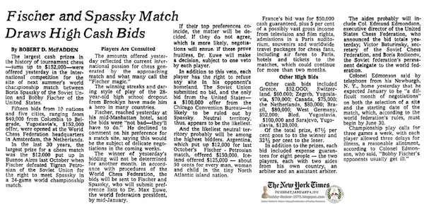 Fischer and Spassky Match Draws High Cash Bids