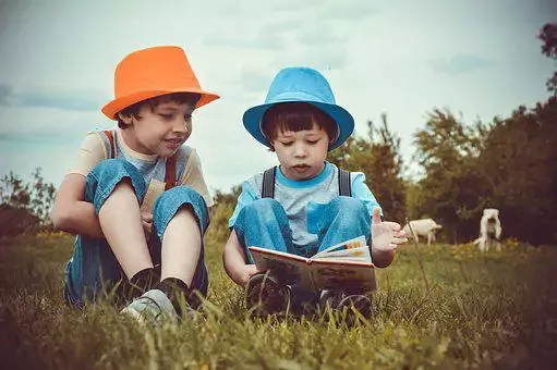 Two young boys wearing colorful hats reading a worst children's book together in a grassy field.