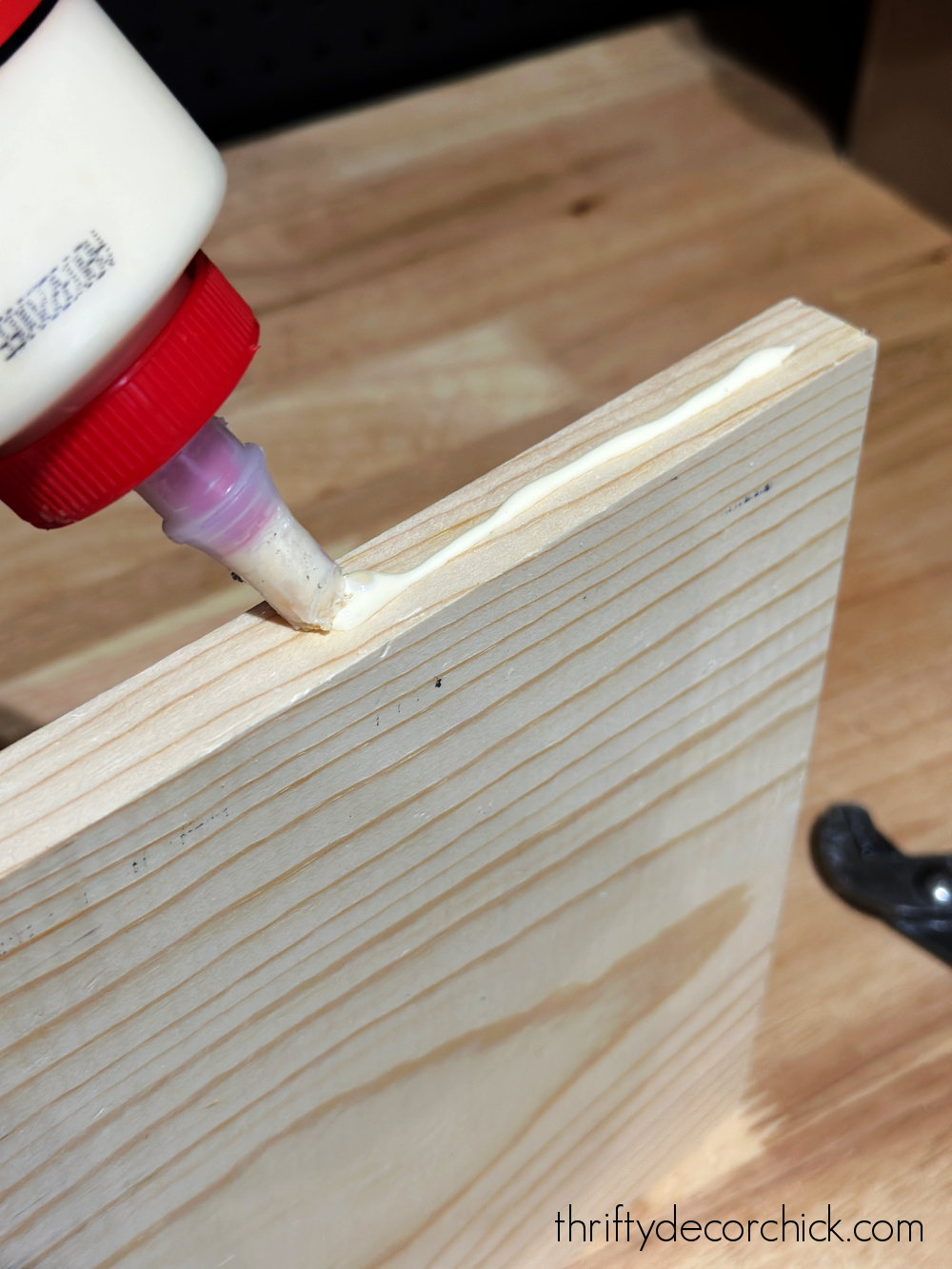 Wood glue on the side of the wood