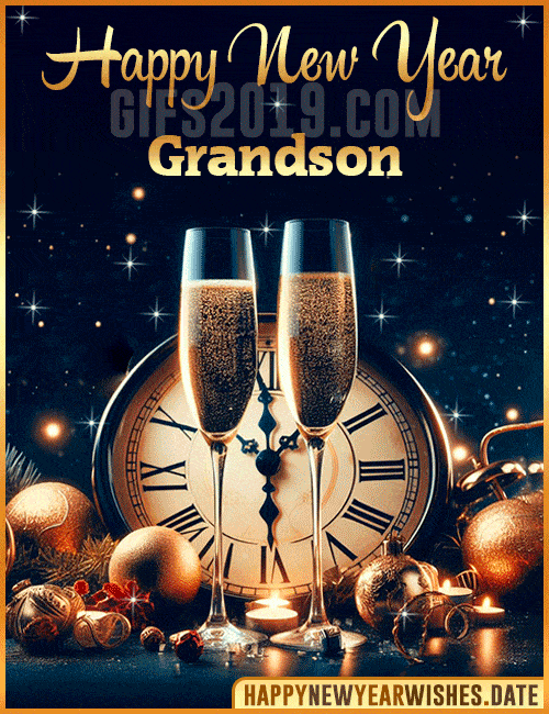 Champagne glass clock Happy New Year gif for Grandson