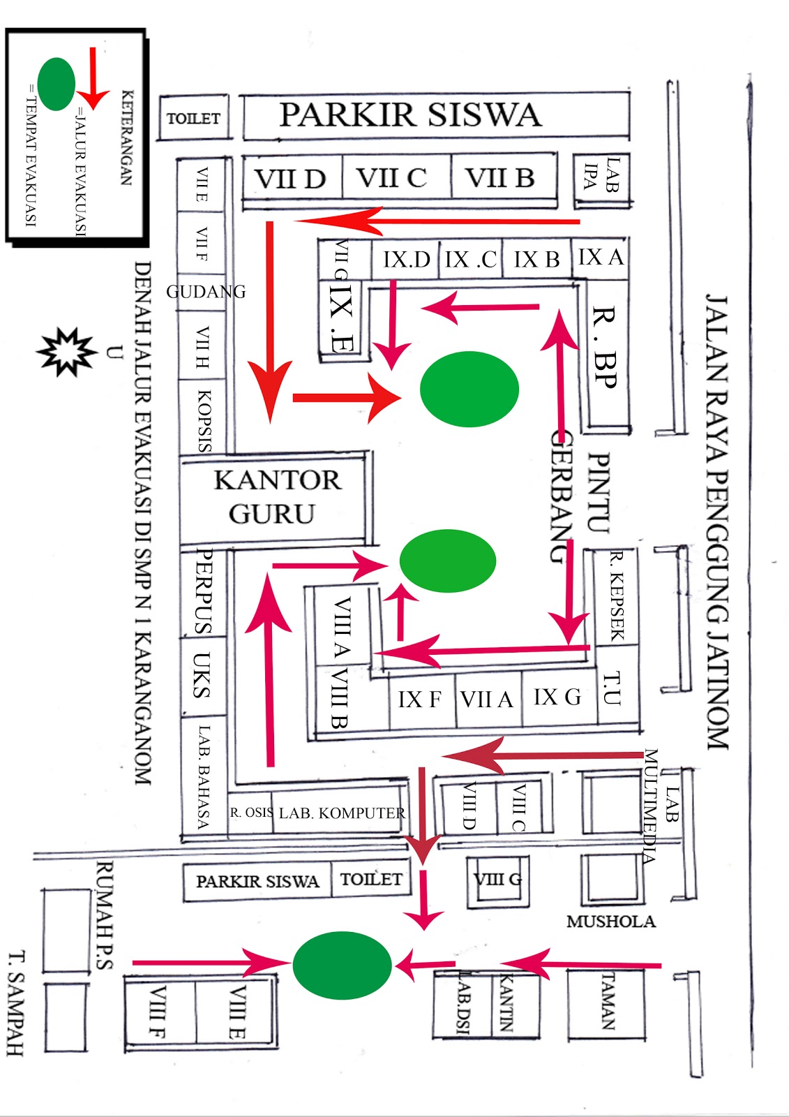  DENAH JALUR EVAKUASI  SMPN1 KARANGANOM dibuat oleh siswa 