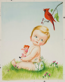 Illustration of baby holding a doll and looking at a cardinal singing