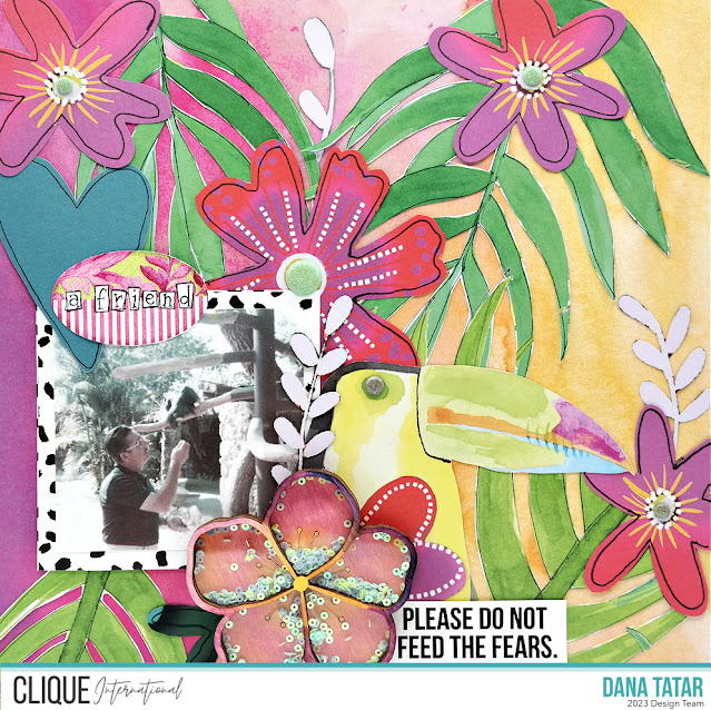 Tropical Parrot Summer Vacation Scrapbook Layout with Fussy Cut Flowers and Leaves