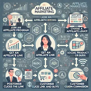 A visually engaging infographic showing the step-by-step process of how affiliate marketing works.