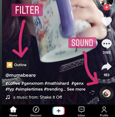 a screenshot of a tiktok video showing where the filter and sounds are so you can use the same ones