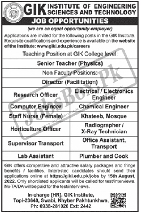 GIK Institute of Engineering Science & Technology Jobs 2022 - http://119.159.235.56.8081/GIK/OnlineApplication/ISB/Index
