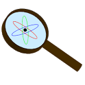 Descrição da imagem: desenho de uma lupa. No centro o desenho da representação de um átomo. Fim da descrição