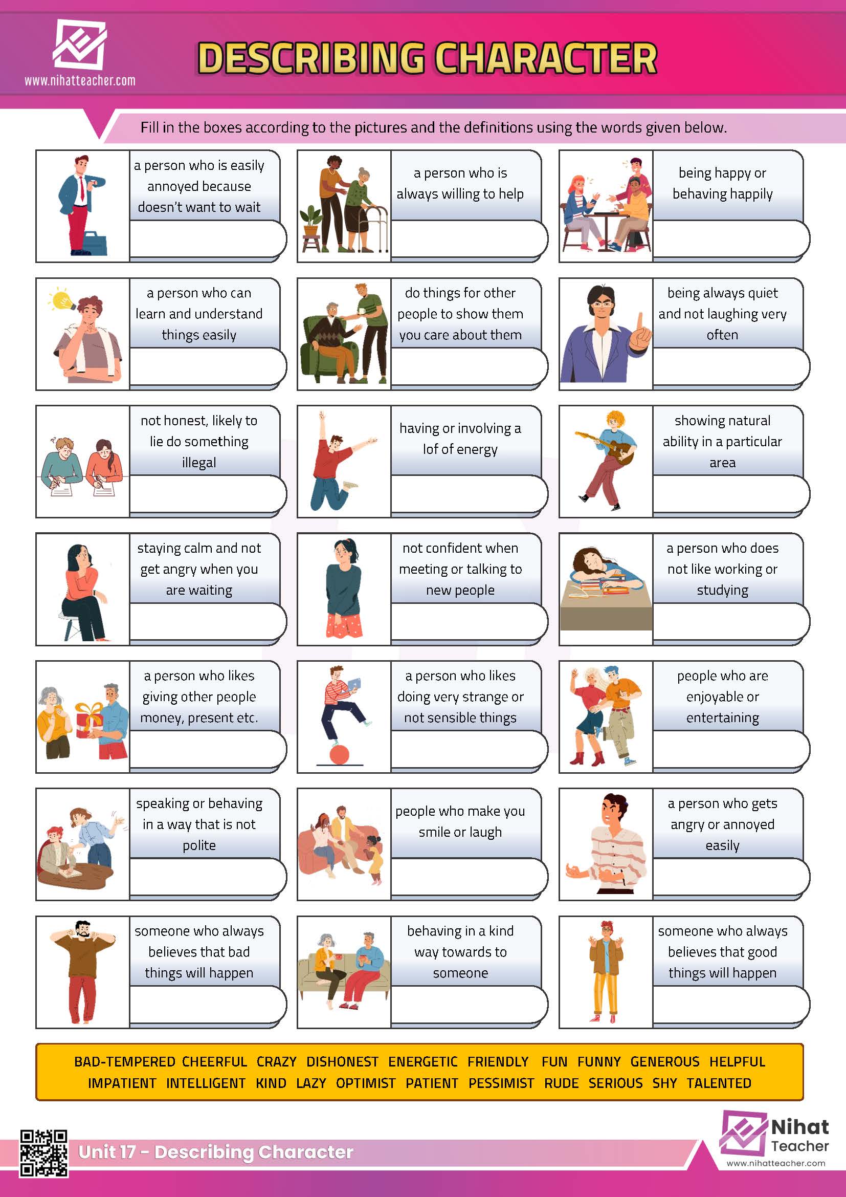 Describing people's character - personality adjectives - in English.   Practise English Vocabulary. A downloadable PDF worksheet  about describing people's character - personality adjectives - in English.