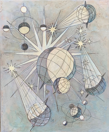 Pintura sobre tela, ilustrando dinâmicas no espaço, com planetas e estrelas.